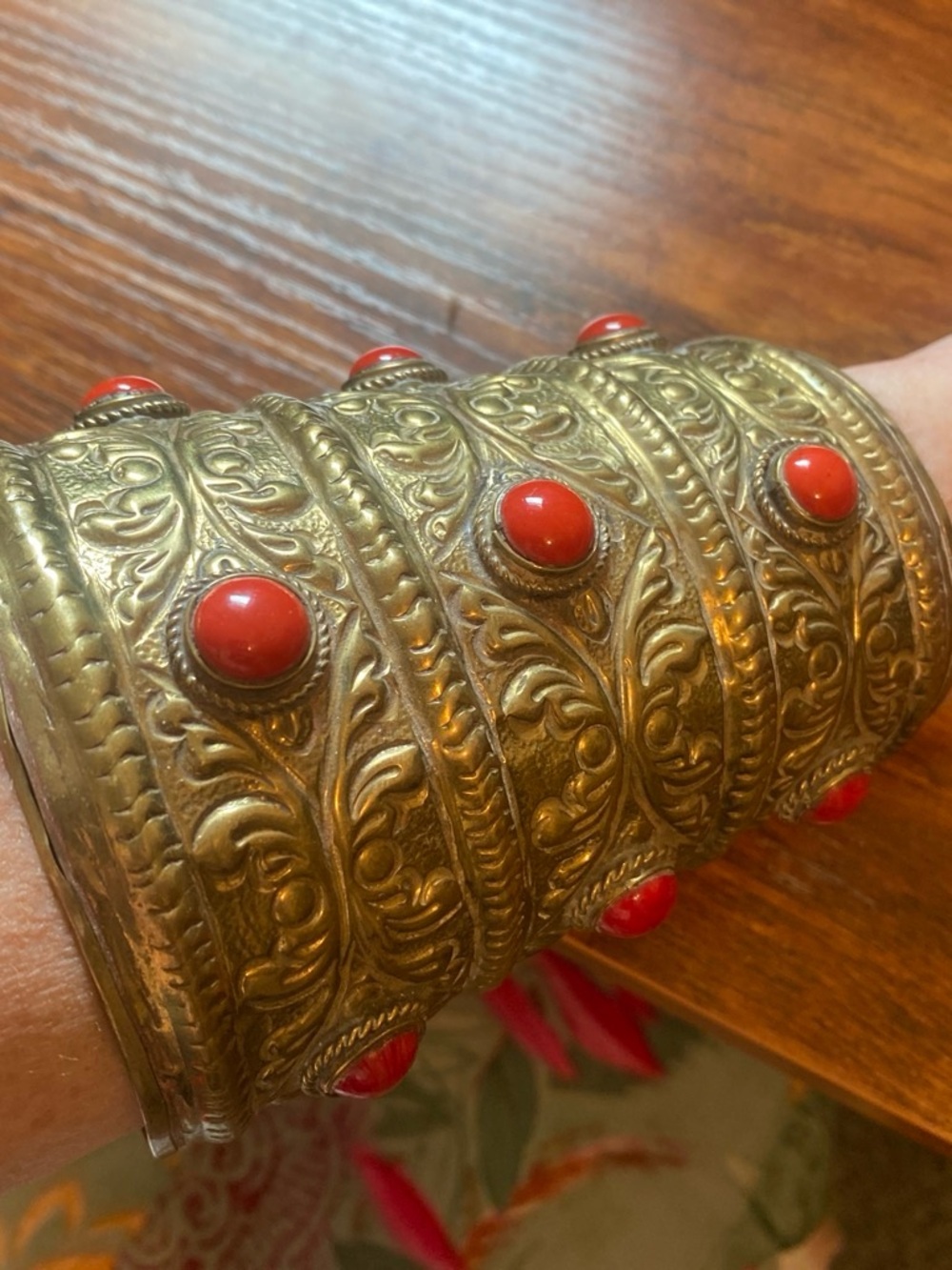 Ornate Brass Cuff Bracelet with Red Cabochons
